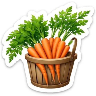 Cinematic vibrant orange carrot, crisp and fresh, slightly twisted with green leafy tops, arranged in a rustic wooden basket, natural and inviting. sticker