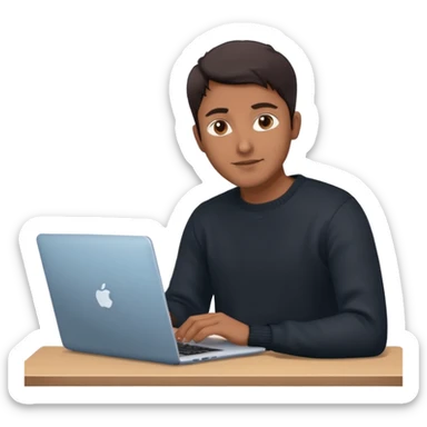 memoji of a man with a laptop, apple-style, modern, dark hair, black sweater, Indian brown skin, computer in hand, sitting at his desk, light blue gradient background sticker