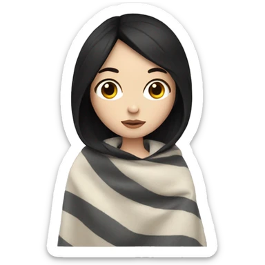 girl with pale skin and black hair with a blanket wrapped around her sticker