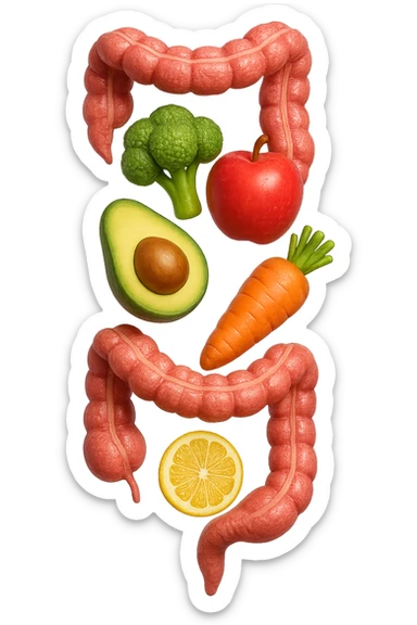 emoji stile iphone in 3d di cibo sano che fluttua in aria vericalmente insieme a pezzi di colon umano anatomico, iperrealistico 4k sticker