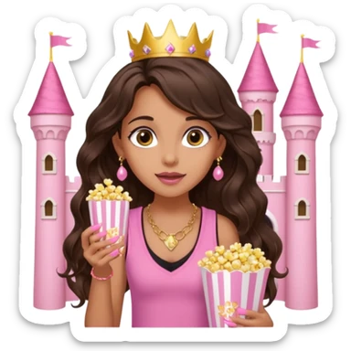 a woman with long dark brown  beachy wavy hair with light brown big eyes wearing pink vest top gold necklace baby pink nails and gold stud earrings with a pink castle fantasy in the background while eating popcorn  sticker