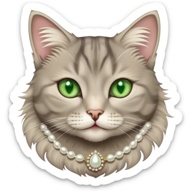fluffy grey tabby cat with green eyes, white tummy, and a pearl necklace  sticker