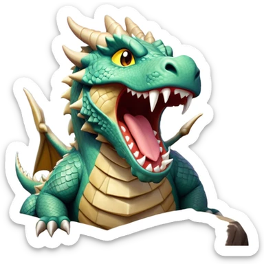 Cinematic Cute Yawning Giant Rock Dragon Portrait Emoji, Head tilted slightly with a dramatic, wide-open yawn, revealing a colossal, rugged body with weathered, rock-like scales and subtly drooping, earthy features rendered in authentic, stony texture; high shine, relaxed yet powerful, styled with a dash of timeless geological charm, soft glowing outline, capturing the essence of a sleepy but stoic rock behemoth ready to settle into an ancient, enduring slumber! sticker