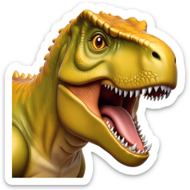 Cinematic Noble T-rex Portrait Emoji, Poised and commanding, with a massive, powerful head, a robust, muscular body, tiny, determined arms, and a fearsome yet noble gaze, Simplified yet sharply defined features, highly detailed, glowing with a cool, primal radiance, high shine, intelligent and formidable, stylized with an air of ancient predatory authority, focused and vigilant, soft glowing outline, capturing the essence of a watchful and confident T-rex that appears ready to roar out of the screen with effortless might! sticker