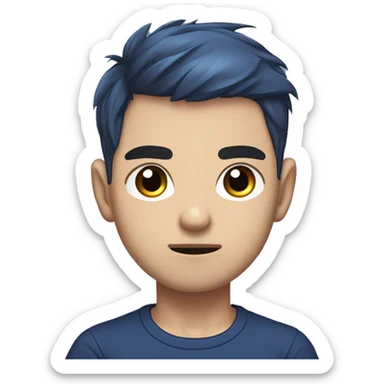 masterpiece,anime,medium shot,illustrated logo,emote for twitch of a boy,chibi,black eyes,wide dark blue t-shirt,high fade haircut,toupee,funny serious face sticker