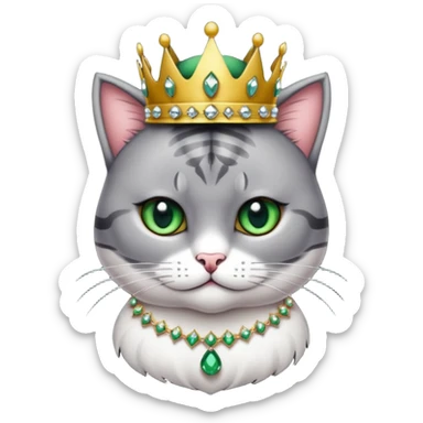 Gatito gris oscura con rayas negras ojos verdes vestida de reina con coronas y diamantes, más peluda y gordita  sticker