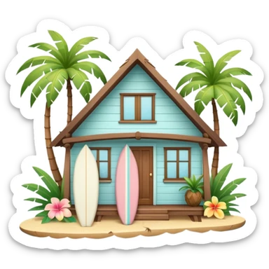 Hawaiian bungalow house, pastel colors, wooden porch, surfboard leaning on wall, palm leaves, tropical vibe, cute mobile game icon style, 3D cartoon, clean background, no text
 sticker