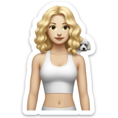 white woman with long blonde hair and cat shaped eyes wearing a yoga outfit standing alongside a black and white poodle sticker