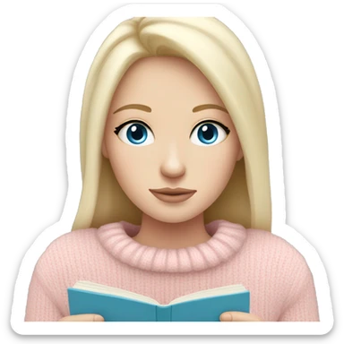 Pretty blue eyed white girl with light pink sweater reading cozy sticker