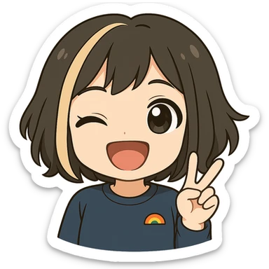 Edit this exact chibi girl in the same anime chibi style, keeping the same face, hair, and outfit. Remove the tears, add one eye winking, a big open-mouthed grin, and a peace sign with her hand. Make it suitable for Twitch emoji use with a transparent background. sticker
