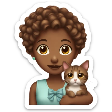 Girl with brown eyes brown skin and brown curly hair holding a cute cat with a bow sticker