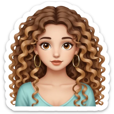cute very long curly/wavy balayage haired girl, clean natural girl makeup, hoop earrings, brown eyes  sticker