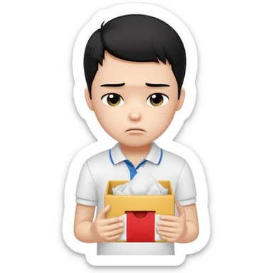 generate a pretty bratz boy with black hair, wearing a white polo shirt. Looking sad, holding a box of tissues sticker