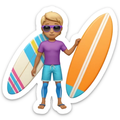cute male surfer riding a wave, wearing shorts, sunglasses, holding balance, colorful surfboard, 3D cartoon, mobile game icon, clean background, no text sticker