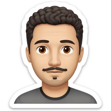 Man in his early 50s with light brown complexion. Strong jawline with soft expression. Kind dark brown eyes. Slight pleasant smile. Black goatee with subtle gray. Short curly dark hair with slight receding hairline. Professional but friendly demeanor. Wearing a black casual shirt. sticker