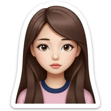 “korean straight long brown hair Emoji girl, soft eyeliner and blush, gradient lips, light brown shimmer eyeshadow sticker