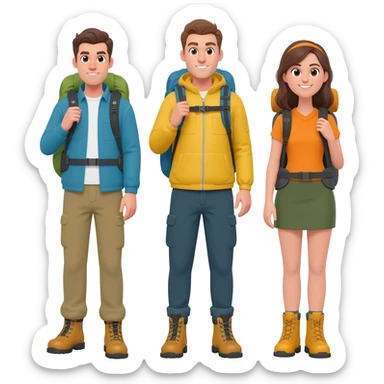 three startup team members wearing hiking boots and rucksacks two mean and one woman sticker