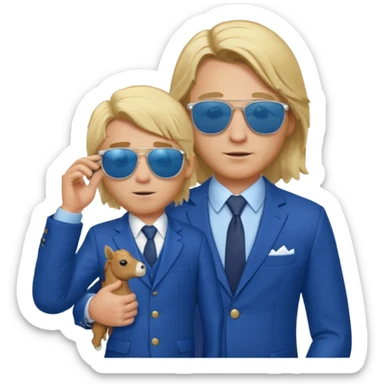 A blond man in a blue suit with a Colt pointing forward. The audience , and long hair and san glasses sticker