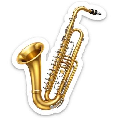 Create a dynamic and vibrant emoji representing a collection of wind instruments. The design should feature a variety of classic wind instruments, including a trumpet, saxophone, clarinet, flute, and trombone, arranged in an artistic and harmonious way. Each instrument should be detailed with its unique features, such as the shiny brass of the trumpet, the sleek keys of the clarinet, and the elegant curves of the saxophone. Add subtle musical notes or soundwaves flowing around the instruments to represent the collective music they create. Use warm metallic tones like gold, silver, and brass, along with deep wood tones for the wooden instruments, to evoke the rich, diverse sounds of wind instruments. The background should be transparent. sticker