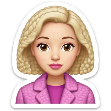 
Here is a description of the character based on the image provided:
**Appearance:**
* **Age:** It seems that the woman is about 30-35 years old.
* **Face:** She has an oval face with soft features. Small wrinkles are visible at the corners of the eyes.
* **Skin:** The skin is light and smooth.
* **Eyes:** The color of the eyes is difficult to determine from the photo, but they appear dark.
* **Lips:** Lips of medium fullness, made up with pink lipstick.
**Clothes:**
* She is wearing a warm jacket or robe made of boucle fabric or similar material with a "lamb" texture. The color of the clothes  sticker