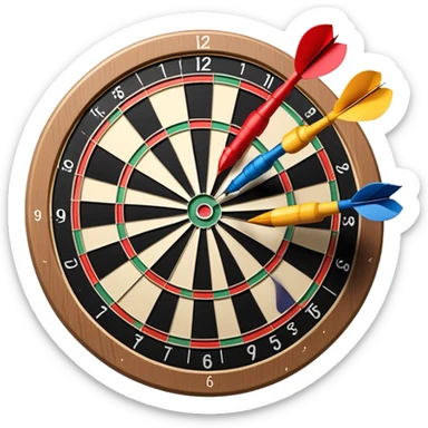 A dartboard with darts firmly stuck in the bullseye, surrounded by the colorful sections of the target. The background conveys a competitive atmosphere, with a subtle focus on precision and skill in the game of darts. sticker