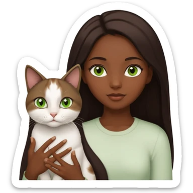 black girl with brown eyes with straight long dark brown hair with a side part holding a female white cat with green eyes sticker