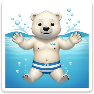 friendly anthropomorphised polar bear swimming in a wide pool scene, wearing striped swim trunks and snorkel gear sticker