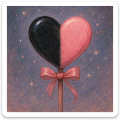 heart-shaped lollipop in black and pink, Ghibli style, soft painterly look, magical atmosphere, inspired by BLACKPINK sticker