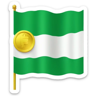 The flag design is a green field charged with a yellow coin containing white text. Green represents peace, gold represents prosperity, and white represents purity. sticker