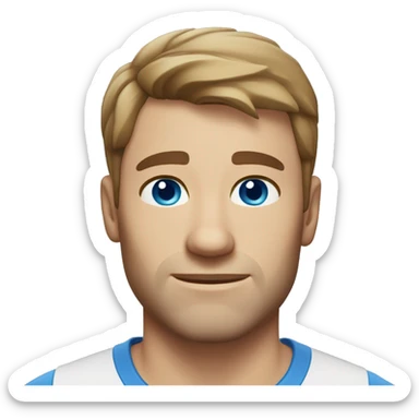 A head and shoulders shot of a 34 year old Caucasian man, with short brown hair,   with blue eyes wearing a t-shirt. sticker