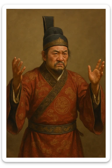 Сгенерируй азиата в национальном средневековым китайском костюме, он чуть недоволен и размахивает руками, в стиле реалистичной живописи. ОН ПОЛНОСТЬЮ ПОМЕЩАЕТСЯ НА ИЗОБРАЖЕНИЯ И НЕ ОБРЕЗАЕТСЯ ЕГО КРАЯМИ. На однородном фоне sticker