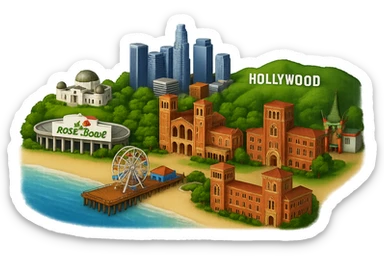 Replace the extra Rose Bowl Stadium on the beach in the Los Angeles emoji with more of Santa Monica, ensuring only one Rose Bowl Stadium remains inland. Keep the Coliseum, Royce Hall at UCLA, Bovard Administration Building at USC, downtown LA skyline, Chinese Theater, and Hollywood Sign in their current positions away from the beach. Retain the Santa Monica Pier and beach at the coast. Maintain highly realistic, lifelike architectural detail, accurate colors, bright daytime lighting, fully transparent background, no sky, no clouds, and no city name label. Do not change the layout or composition except to remove the extra Rose Bowl and add more Santa Monica at the beach. Style should remain consistent with the original Los Angeles emoji look. sticker