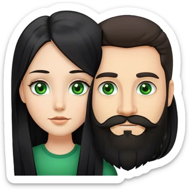 A girl with long black hair together and brown eyes with a man with beard and has green eyes  sticker