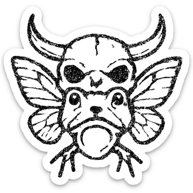 a terrifying minimal red line art of a hybrid monster combining minotaur skull with horns, stoat face elements, frog mouth/eyes, and moth wings sprouting from skull, transparent hollow center, distressed appearance with deliberately missing sections, smudged edges, torn lines, and weathered texture, sparse red lines only sticker