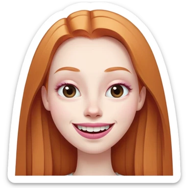 traditional emoji of young girl with very pale skin, long straight muted ginger hair, elongated oval face, bigger human-like eyes positioned close together, fuller thick eyebrows, wide nose, very large full pink lips with a big smile showing extremely large and prominent teeth, less intense expression sticker