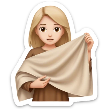 girl in brown tunic holding a large white piece of cloth sticker