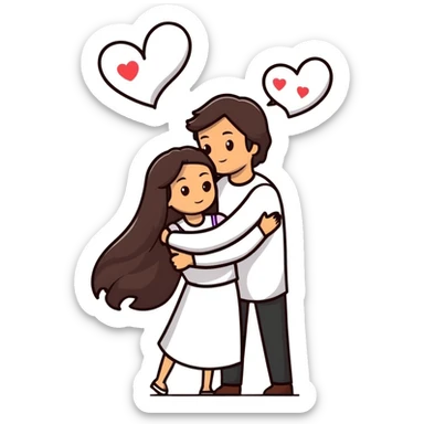A couple embracing each other. The man has mestizo skin tone, slightly long dark brown straight hair. The woman has light skin, long dark brown hair. White hearts floating around them. sticker