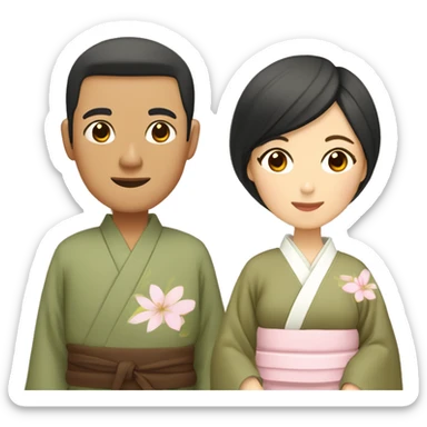 asian couple in kimono - man wearing plain olive green with brown outside and beige fabric belt, woman wearing light pink with pastel florals sticker