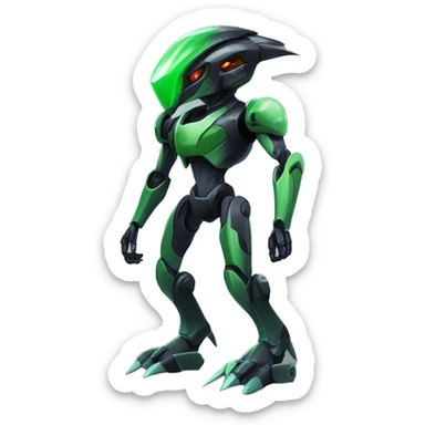 a shiny black-green Genesect-Raptor-Fakémon-Medabot-hybrid with a futuristic visor-helmet full body sticker