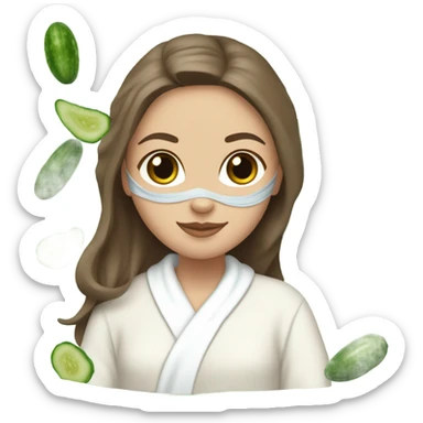 White girl with Brown hair and blue eyes wears a Green colored mask clay textured mask and puts on cucumbers around her eyes while She relaxes in her white Robe sticker