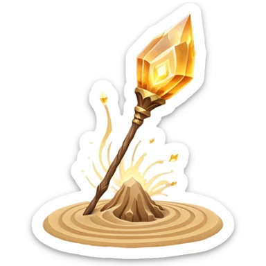 desert sand mage staff object icon, ancient wooden staff, swirling sand crystal on top, glowing golden aura, small floating sand particles, fantasy desert style, 3D cartoon, mobile game icon style, centered, clean background, soft shadow, no text, no watermark
 sticker