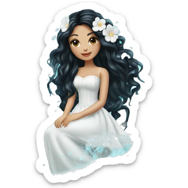 Pretty young Lady doll posing posed pose with long black hair flowers in hair white dress surrounded by flowing water water swirls waves sticker