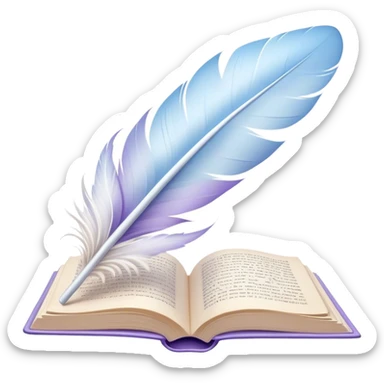 Create a delicate and poetic emoji representing poetry. The design should feature several elegantly flying pages with short poetic columns written on them. The pages should appear light and flowing, almost as if being carried by the wind. Include a white feather gently resting on the pages, symbolizing creativity and inspiration. Use soft, pastel tones like light blues, purples, and creams to give it a dreamy, artistic feel. The design should feel ethereal and whimsical, capturing the essence of poetry. Make the background transparent. sticker