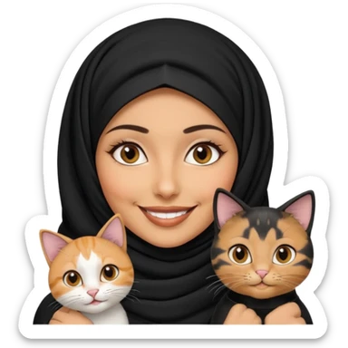 A Arabic woman human with brown eyes and black hijab. , the human is a human no cat ears, two cats, the both cats have the colour black and white in the same colour,  NO CAT EARS ON THE HUMAN  sticker