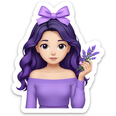 Girl with black wavy long hair and a lavender ribbon hair clip beside it make it look like wearing a lavender off shoulder sweater  sticker