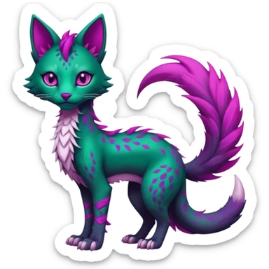 Kawaii dark edgy gloomy dark green ethereal feline-vernid-sergal-fursona animal creature with a tufted tail full body with intricate markings with magenta eyes sticker