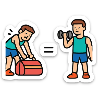 The picture is devided into two parts  the firts picture shows asportsman is struggling to lift a gymbag, the second one show the same sportsman doing a workout. There's sybmol equal between these pictures sticker