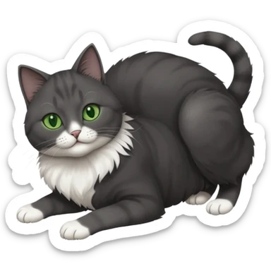 beautiful female solid dark grey cat with green eyes, white toes/paws and white patch on her chest rolling upside down sticker