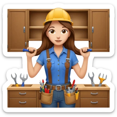beautiful girl with long brown hair constructing new kitchen cabinets sticker