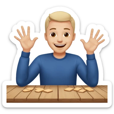 A man is laughing with his head siting on the table and his both hands are knocking the table sticker